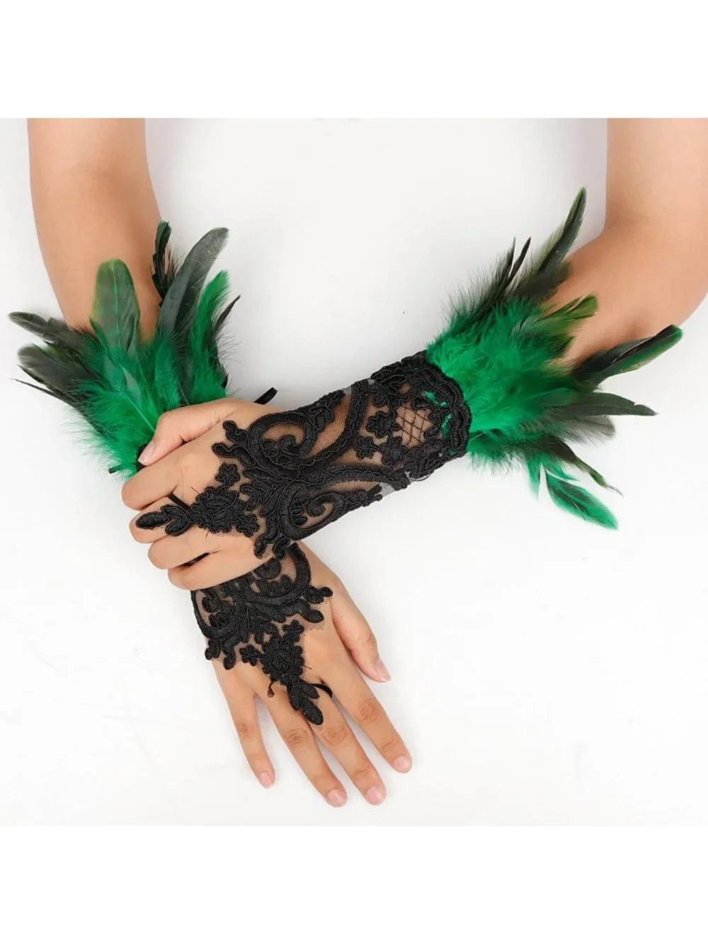 Gothic Black Lace Feather Long Gloves for Women - Halloween Witch Costume